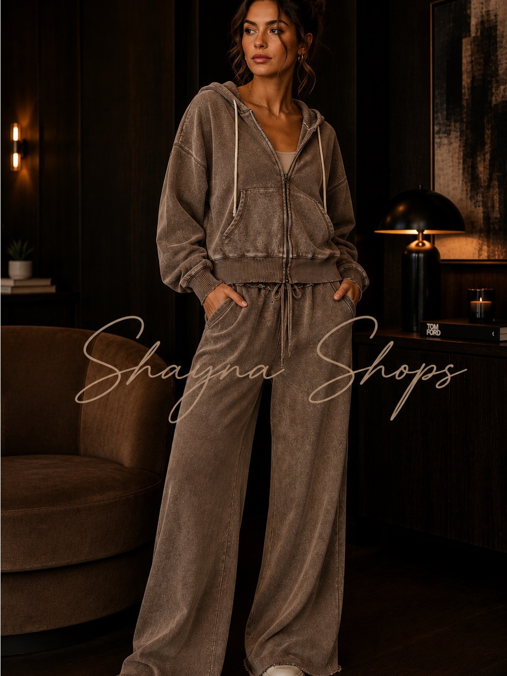 Zenana Mocha Matching Set Wide-Leg Lounge Pants & Zip Hoodie